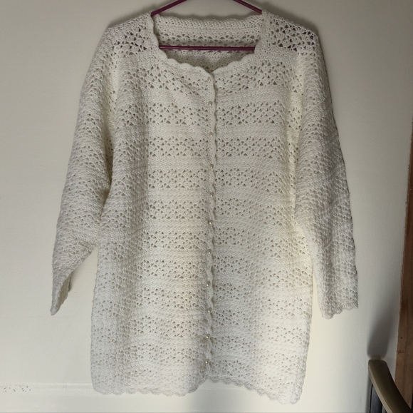 Handmade Sweaters - Vintage Crochet Longline Cardigan Pearl Button Coquette White L/XL